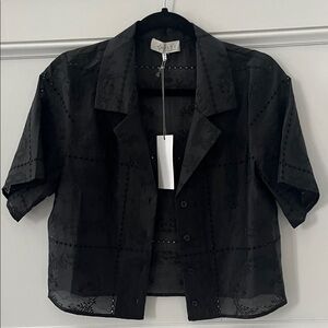 WAYF Black Sheer Short Sleeve Cropped Blouse